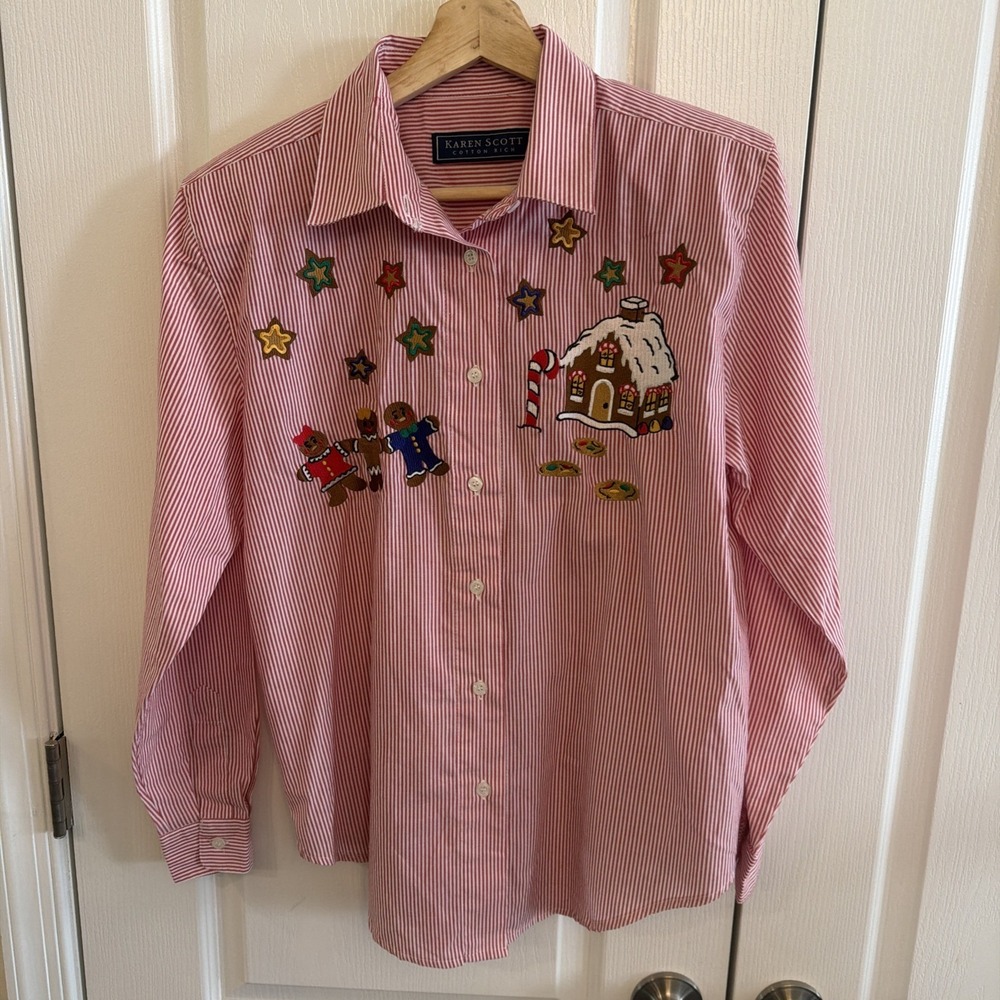 Karen Scott Women's Button Shirt Sz M Striped Embroidered Gingerbread Holiday